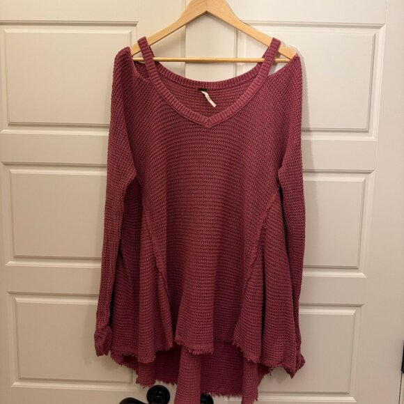 Free People Moonshine Tunic Top Waffle Knit Cotton Dusty Rose Cold Shoulder Sz L - Picture 2 of 7